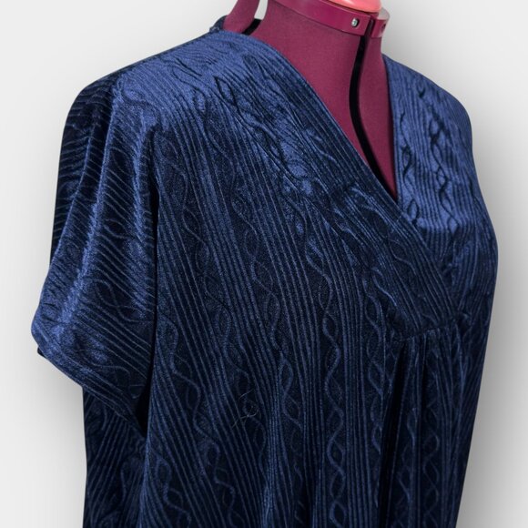 Vanity Fair One Size Blue Velour Caftan Long Kimono Sleeve V Neck Textured Maxi - Picture 5 of 8